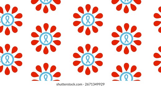 Patrón sin fisuras del Día Mundial de la Diabetes con flores abstractas de la gota de sangre y cinta azul de la conciencia en un fondo blanco