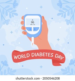 World Diabetes Day Square Banner Or Card. Human Hand Holding Glucometer To Measure Sugar Level By Finger Stick. Blood Glucose Test. Medical Device For Sugar Test Control And Level Of Glucose. Vector.