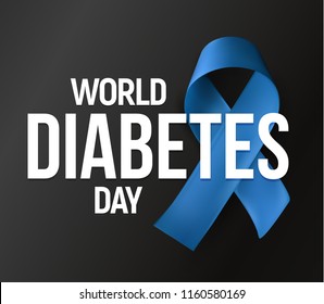 World Diabetes Day vector banner. Blue ribbon vector icon with text on dark background. Two or first type Diabetes mellitus symbol. DM vector illustration.