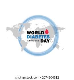 World diabetes day. Vector, illustration, poster or banner awareness. 14 november. Blue circle, world map, blood.