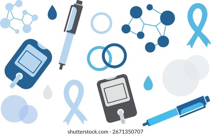 world diabetes day vector set with isolated glucose meters insulin pens blue ribbons and abstract molecular elements health support