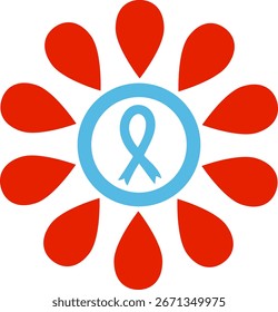 world diabetes day vector symbol with blue awareness ribbon and red blood drop petals for disease prevention and treatment