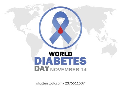 Plantilla vectorial del Día Mundial de la Diabetes con cinta azul y mapa mundial sobre el fondo. 14 de noviembre. Adecuado para tarjetas de felicitación, afiches y banner.