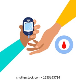 World diabetes day.Hand is holding electrochemical or Photometric glucometer.Finger is pricked,ready for a glucose or Blood Sugar Test.Determination of glycated hemoglobin.Endocrine pancreas disorder