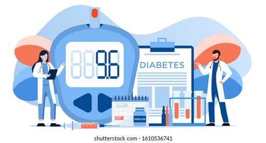 World diabetic awareness day. Glucometer, blood glucose meter, pills, syringe, insulin vial. Diabetes concept.  Blood sugar test with doctor, lab assistants. For web landing page template, banner