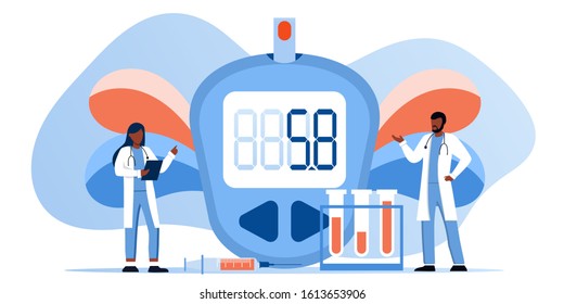 World diabetic awareness day. Glucometer, blood glucose meter, pills, syringe, insulin vial. Diabetes concept.  Blood sugar test with doctor, lab assistants. For web landing page template, banner