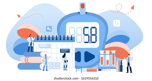 World diabetic awareness day. Glucometer, blood glucose meter, pills, syringe, insulin vial. Diabetes concept.  Blood sugar test with doctor, lab assistants. For web landing page template, banner