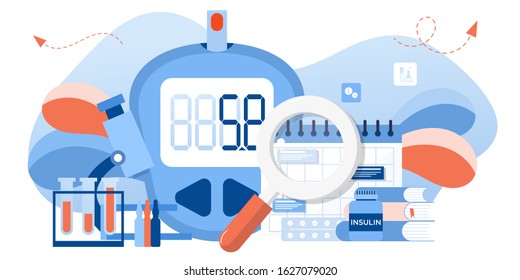 World diabetic awareness day. Glucometer, blood glucose meter, pills, syringe, insulin vial. Diabetes concept.  Blood sugar test with doctor, lab assistants. For web landing page template, banner