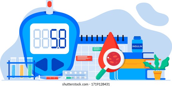 World diabetic awareness day. Glucometer, blood glucose meter, pills, syringe, insulin vial. Diabetes concept. Blood sugar test with doctor, lab assistants. For web landing page template, banner