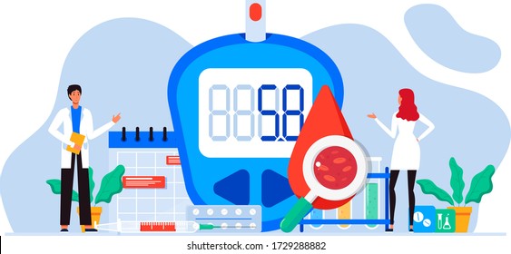 Día Mundial de la Conciencia de la Diabetes. Glucómetro, medidor de glucosa en sangre, píldoras, jeringa, vial de insulina. Concepto de diabetes. Análisis de azúcar en sangre con el médico, asistentes de laboratorio. Para plantilla de página de inicio web, banner