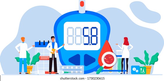 World diabetic awareness day. Glucometer, blood glucose meter, pills, syringe, insulin vial. Diabetes concept. Blood sugar test with doctor, lab assistants. For web landing page template, banner