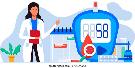 Día Mundial de la Conciencia de la Diabetes. Glucómetro, medidor de glucosa en sangre, píldoras, jeringa, vial de insulina. Concepto de diabetes. Análisis de azúcar en sangre con el médico, asistentes de laboratorio. Para plantilla de página de inicio web, banner