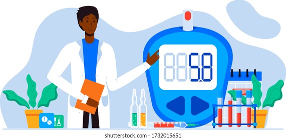 World diabetic awareness day. Glucometer, blood glucose meter, pills, syringe, insulin vial. Diabetes concept. Blood sugar test with doctor, lab assistants. For web landing page template, banner