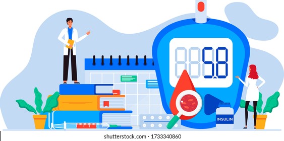 World diabetic awareness day. Glucometer, blood glucose meter, pills, syringe, insulin vial. Diabetes concept. Blood sugar test with doctor, lab assistants. For web landing page template, banner