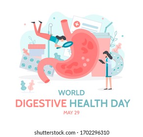 World Digestive Health Day. Diagnosis And Treatment Of Gastritis. Stomach Health. Medical Concept With Tiny People. Flat Vector Illustration.