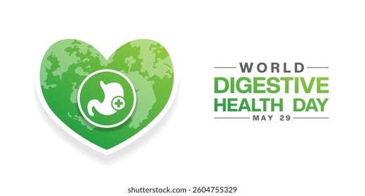 World Digestive Health Day. Heart shape earth, stomach and plus icon. Great for posters, banners, social media and more. White background.
