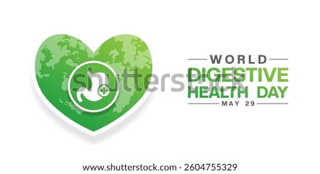 World Digestive Health Day. Heart shape earth, stomach and plus icon. Great for posters, banners, social media and more. White background.