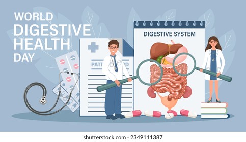 World Digestive Health Day for landing page. Doctors investigate and treat diseases of the digestive system. Health care and medicine. Template, banner, vector