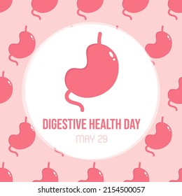 World Digestive Health Day vector greeting card, illustration with cartoon style stomach and seamless pattern background. May 29.