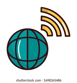 world digital connection shopping or payment mobile banking vector illustration line and fill icon