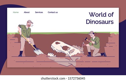 World of dinosaurs landing page vector template. Archeological excavations website interface idea with flat illustrations. Paleontology research homepage layout. Web banner, webpage cartoon concept