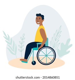 World disability day. An african fat man sitting in a wheelchair. The concept of employment for people with special needs. Vector illustration for web, infographics, mobile. Love your body plus size