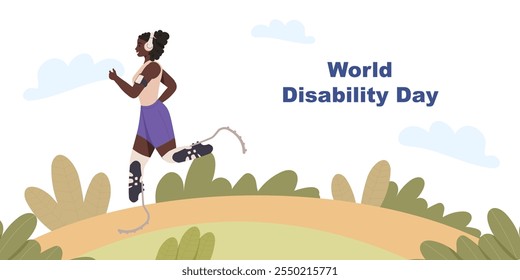 World Disability day. Afro american woman with running prosthetics landing page, web banner, inclusion, sport concept. Happy diverse active people with disability flat cartoon vector illustration.