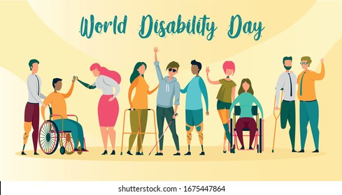 World Disability Day Banner or Card Flat Cartoon Vector Illustration. Invalid People, Blind Boy with Stick, Man and Woman on Wheelchairs, Prosthetic Hands and Legs. Person on Crutches.