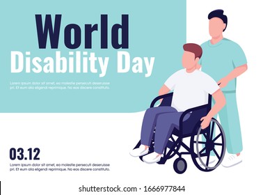 World disability day banner flat vector template. Brochure, poster concept design with cartoon characters. Handicapped people rehab and support horizontal flyer, leaflet with place for text