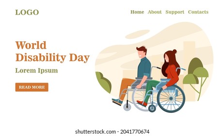 World disability day banner. A man and a woman in a wheelchair ride in a city park. Handicapped people. Vector illustration in flat style. 