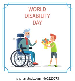 World disability day boy presents bouquet of flowers to his grandfather on wheelchair vector illustration on white background