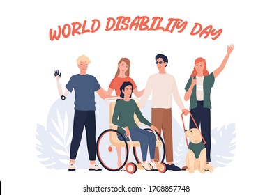 World disability day. Disabled people standing together. People with prosthesis and in wheelchair, deaf-mute and blind. Flat vector illustration