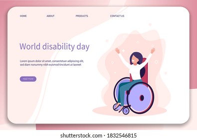 World disability day. Disabled young woman in wheelchair - smiling