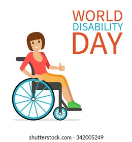 World Disability Day. Disabled young woman in wheelchair smiling and showing thumb up. Flat vector character in isolated background. Concept for International Day of people with disability.