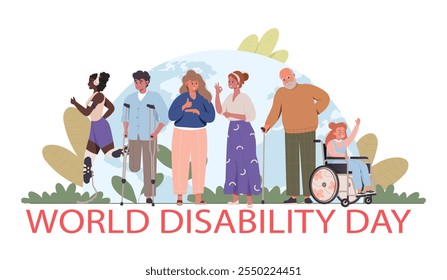 World Disability day. Happy cheerful active people with disability landing page, web banner, diversity, inclusion concept. People living with chronic health condition flat cartoon vector illustration