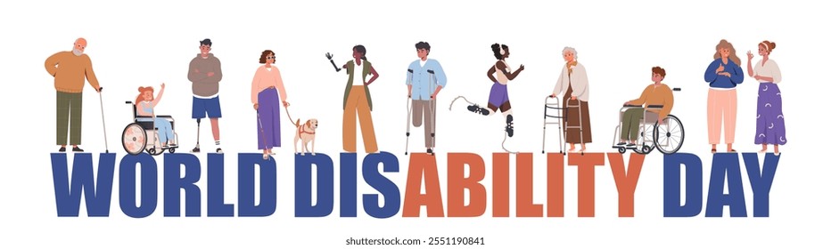 World Disability day. Happy diverse people with disability together landing page, web banner concept. People with disability and inclusion. Flat cartoon vector illustration. Wheelchair, prosthesis.