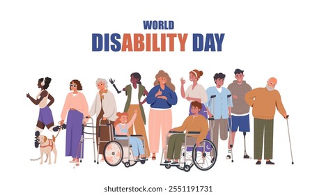 World Disability day. Happy diverse people with disability together landing page, web banner concept. People with disability and inclusion. Flat cartoon vector illustration. Wheelchair, prosthesis.