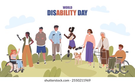 World Disability day. Happy people with disability together landing page, web banner concept. People with disability, diversity and inclusion. Flat cartoon vector illustration. Wheelchair, prosthesis