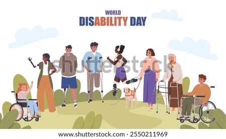 World Disability day. Happy people with disability together landing page, web banner concept. People with disability, diversity and inclusion. Flat cartoon vector illustration. Wheelchair, prosthesis