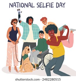 Día Mundial de la Discapacidad. Día Internacional del Selfie. Personas discapacitadas paradas juntas. Personas con prótesis, en silla de ruedas y ciegas. Ilustración vectorial plana