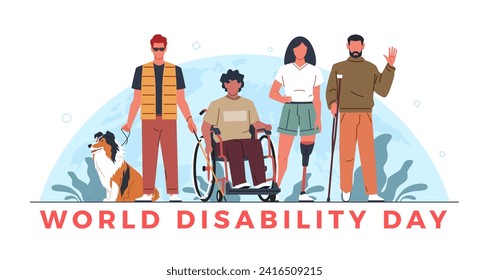 World disability day. People group with prosthetics, walking stick, wheelchair against globe background, guide dog, banner or poster design, cartoon flat isolated nowaday vector concept