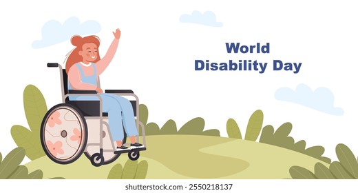 World Disability day. Smiling joyful girl character with physical disability in wheelchair landing page, web banner, inclusion concept. Flat cartoon vector illustration. Children with disability.