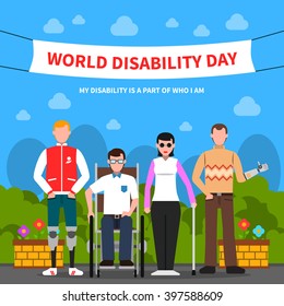 World disability day for solidarity and support flat poster design with handicapped people abstract vector illustration  