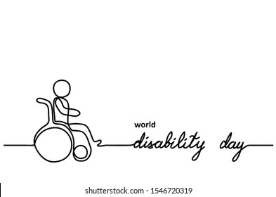 World Disability day vector minimal background. Person in wheelchair. One continuous line drawing illustration.