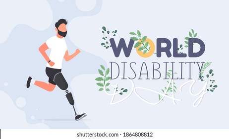 Día mundial de los discapacitados. Día Internacional de las Personas con Discapacidad. Un hombre con una pierna protésica está corriendo. Ilustranión vectorial.