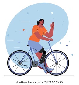 World disabled day. International Day of Persons with Disabilities. A happy woman with prosthetic leg leads an active lifestyle, cycling.vector illustration. for web, infographics, mobile. Flat