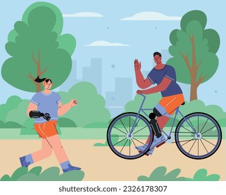World disabled day. International Day of Persons with Disabilities. A woman with a prosthetic is running, a man with a prosthetic is cycling in the park. Flat character Vector illustration. Vector