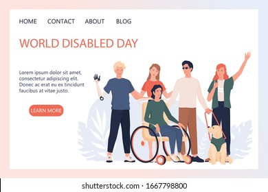 Página de inicio o concepto de banner web del Día Mundial de la Discapacidad. Gente con prótesis y silla de ruedas, gente sordomuda y ciego con escolta de perro. Ilustración vectorial plana en estilo de caricatura.