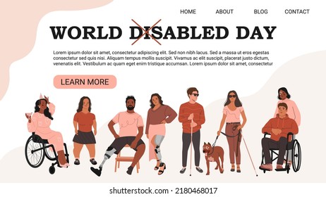 Página de aterrizaje de Día Mundial de los Impedidos o concepto de banner web. Personas con Discapacidad, Diversidad e Inclusión. Ilustración vectorial plana en estilo de dibujos animados.