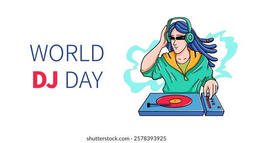 World DJ day greeting banner. Dj character at console. Female and male musicians with turntable mixer. fun and disco party. For social media, websites, and music festivals. Doodle Vector illustration.